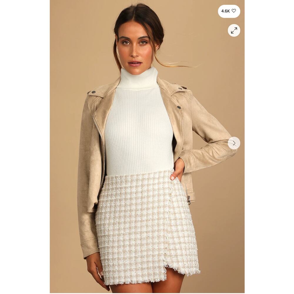 LULUS NWT Preppy Reputation Ivory Plaid Tweed Faux-Wrap Mini Skirt // XL - Picture 11 of 13